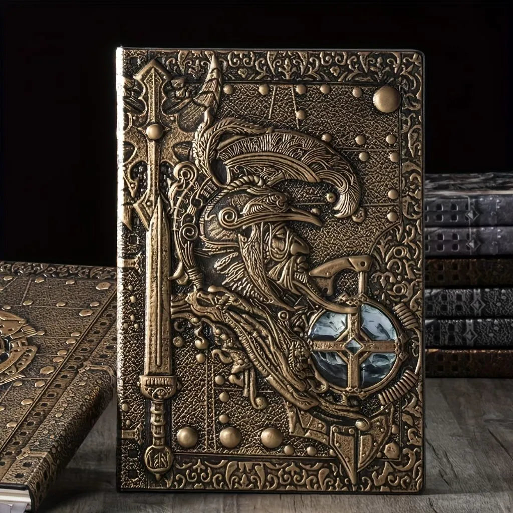 A5 leather notebook with an embossed 3D warriors relief design on the cover in bronze colour.