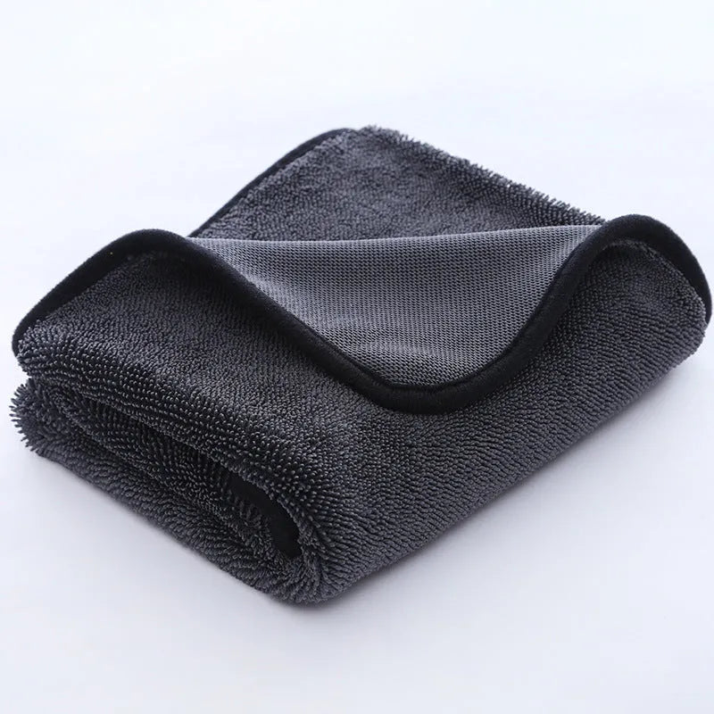 Grey braided twisted car cleaning towel shown in a large size next to a smaller size option.