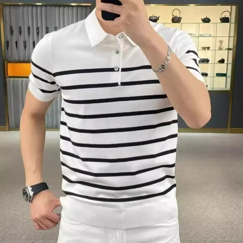 Black and white striped lapel knitted T-shirt pullover in chemical fibre blend fabric