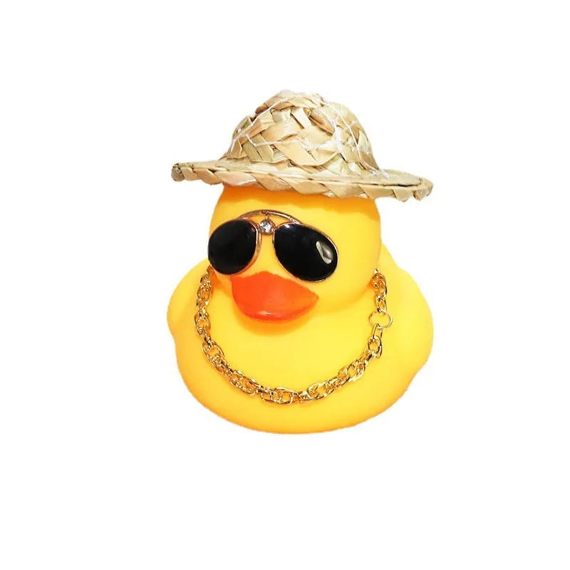 Straw hat yellow duck car dashboard ornament with sunglasses accessory on matte finish