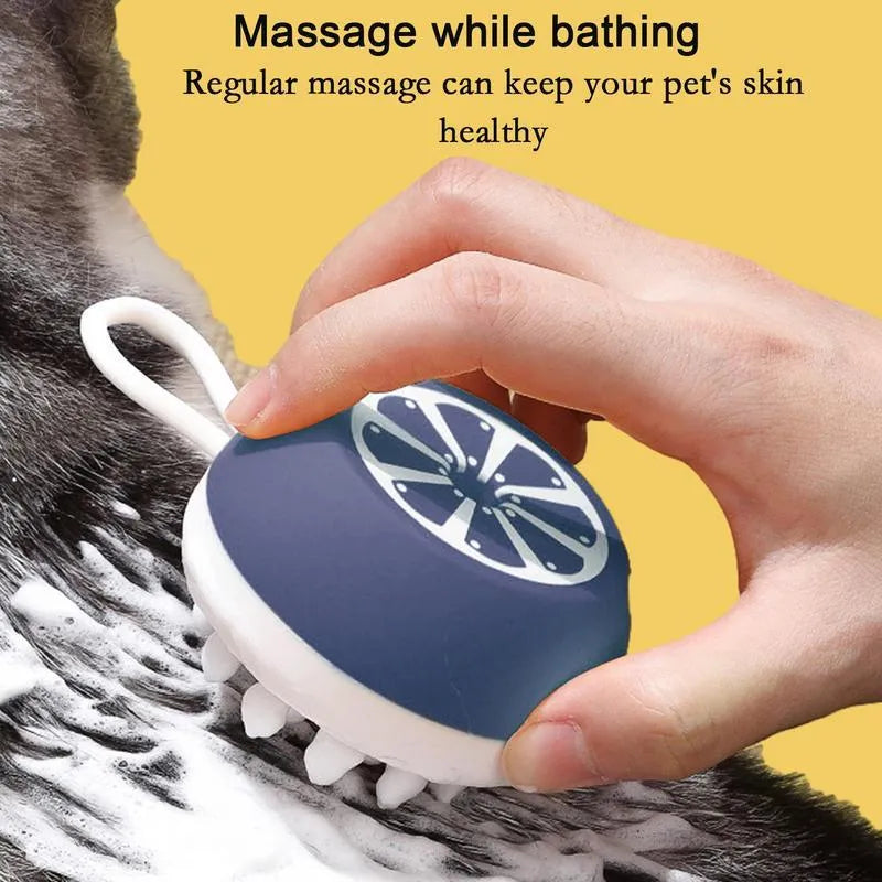 Blue silicone dog shampoo brush with massage points for washing and grooming pets.
