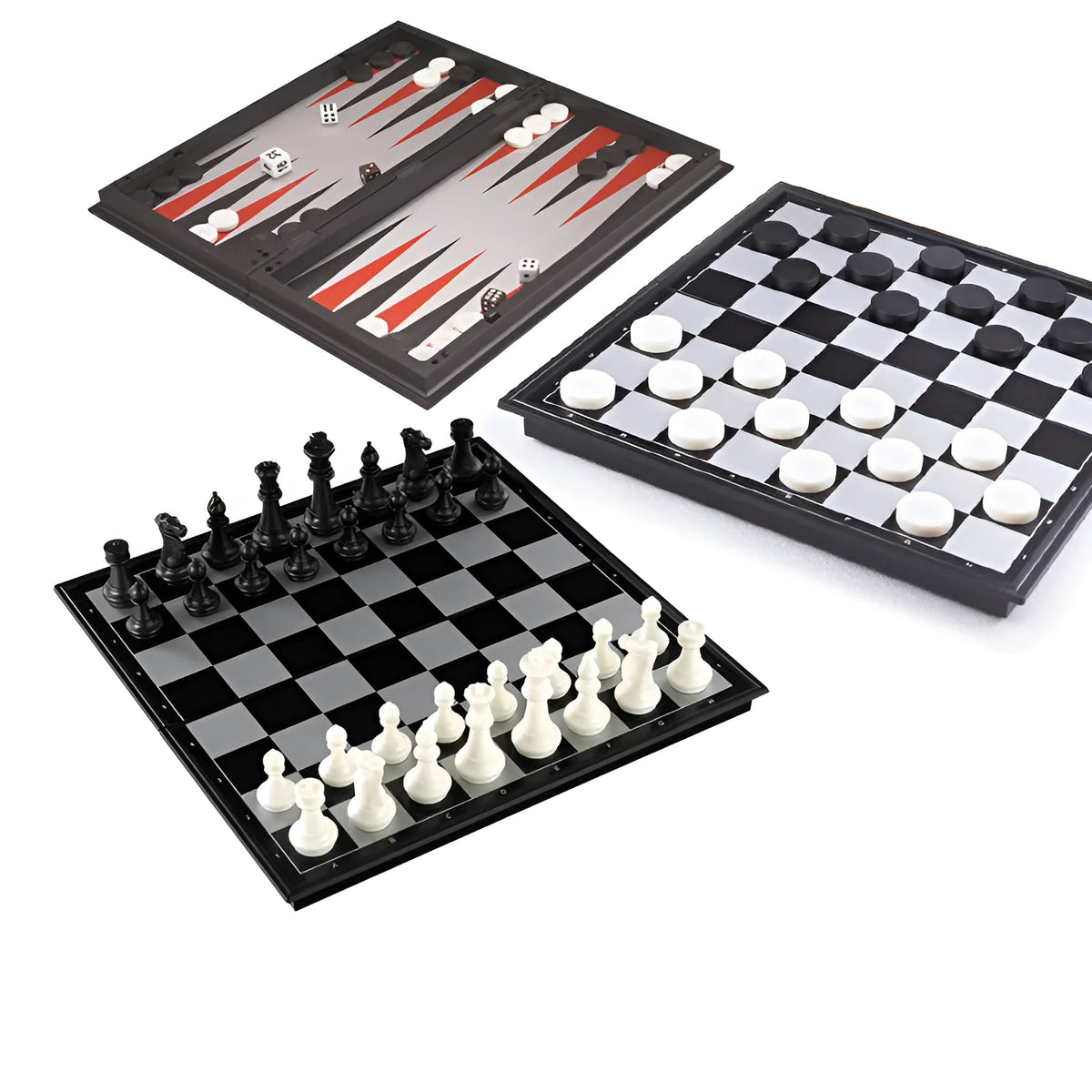 Three-in-one magnetic chess checkers backgammon set with plastic board, ABS pieces, and colour box packaging