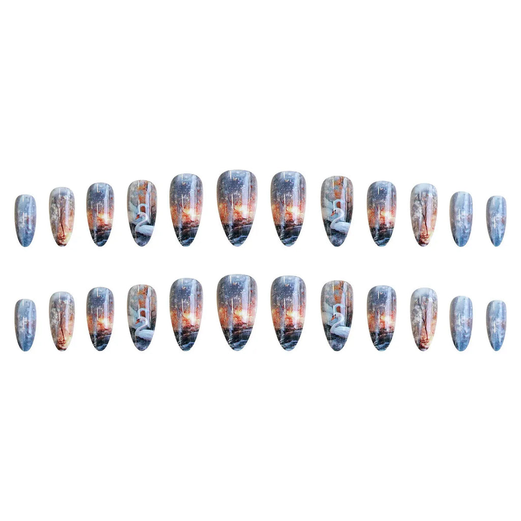 WM-43 Swan Lake Dance medium almond false nails with starry sky pattern, glue type plastic wearable armour set