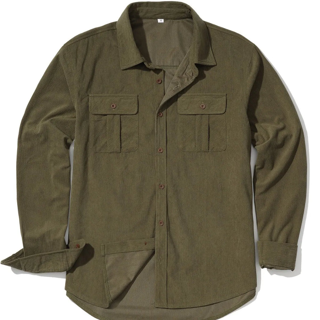 Men's loose-fit corduroy shirt in retro Japanese style with sanded velvet texture.