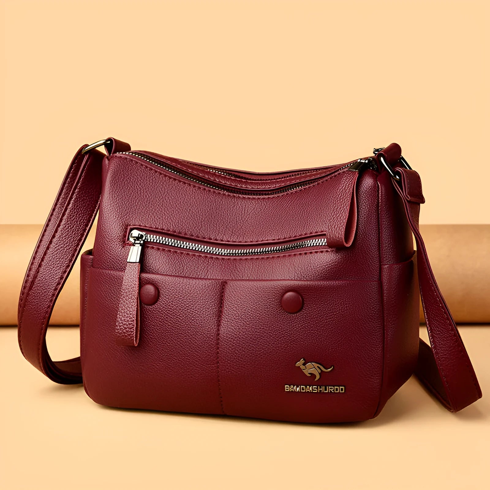 Soft square black PU leather women's crossbody shoulder bag showing front view and open interior with multiple pockets.