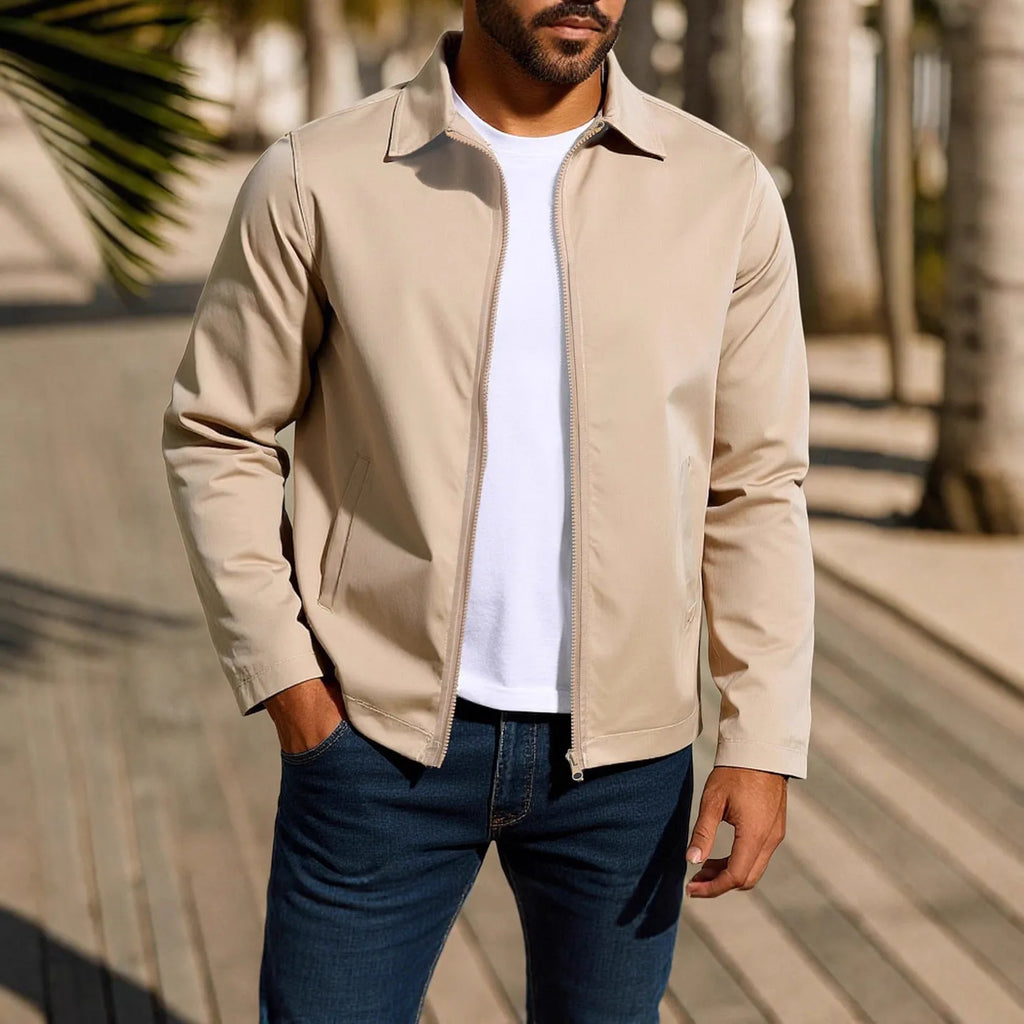 Men's zip-front cardigan jacket with raglan sleeves in emerald green, shown on a model.