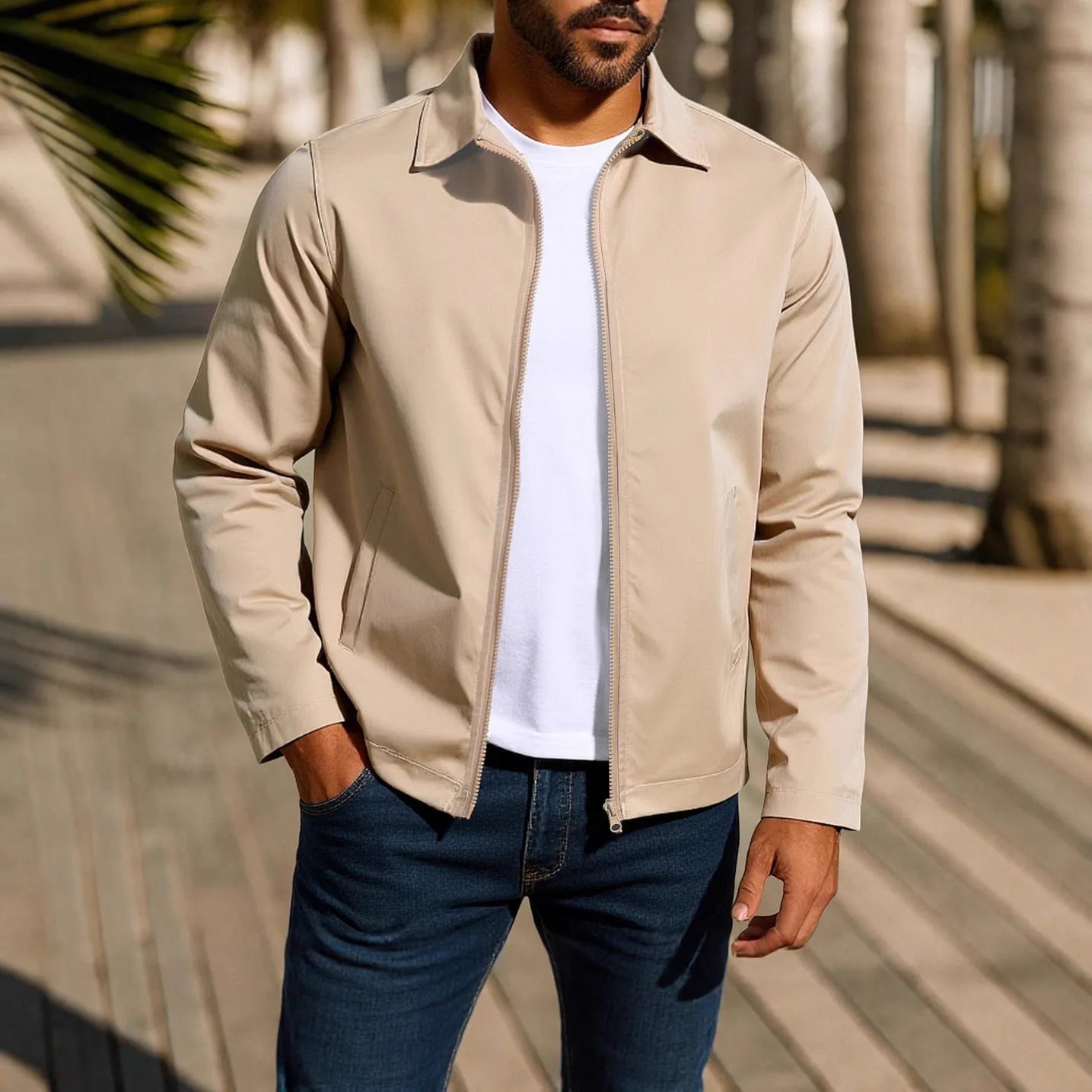 Men's zip-front cardigan jacket with raglan sleeves in emerald green, shown on a model.