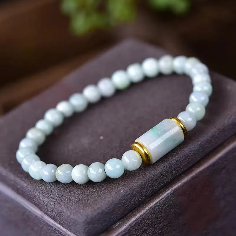 Myanmar jade bracelet with emerald green ice stone lucky beads in ethnic geometric design