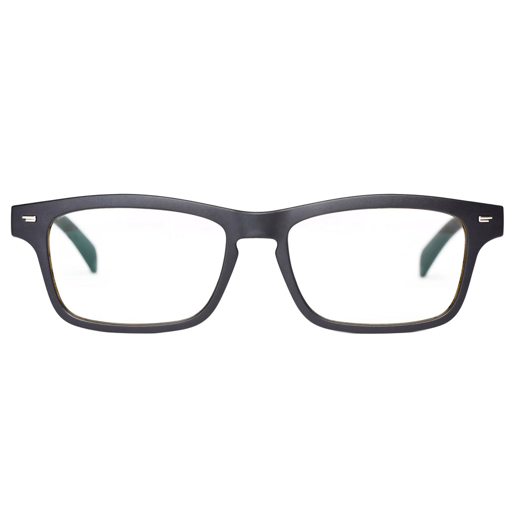 Semi-open Bluetooth smart glasses with PC+ABS frame and anti-blue light lenses on a black background.