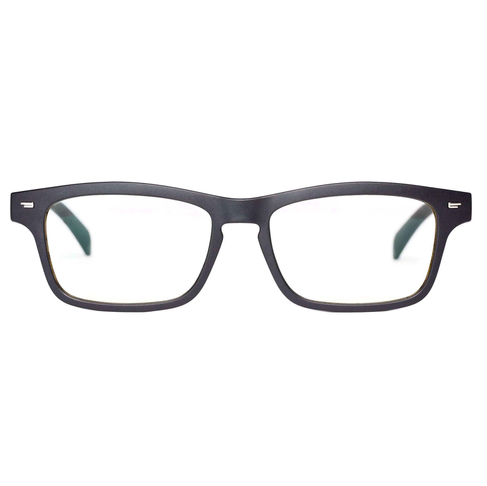 Semi-open Bluetooth smart glasses with PC+ABS frame and anti-blue light lenses on a black background.