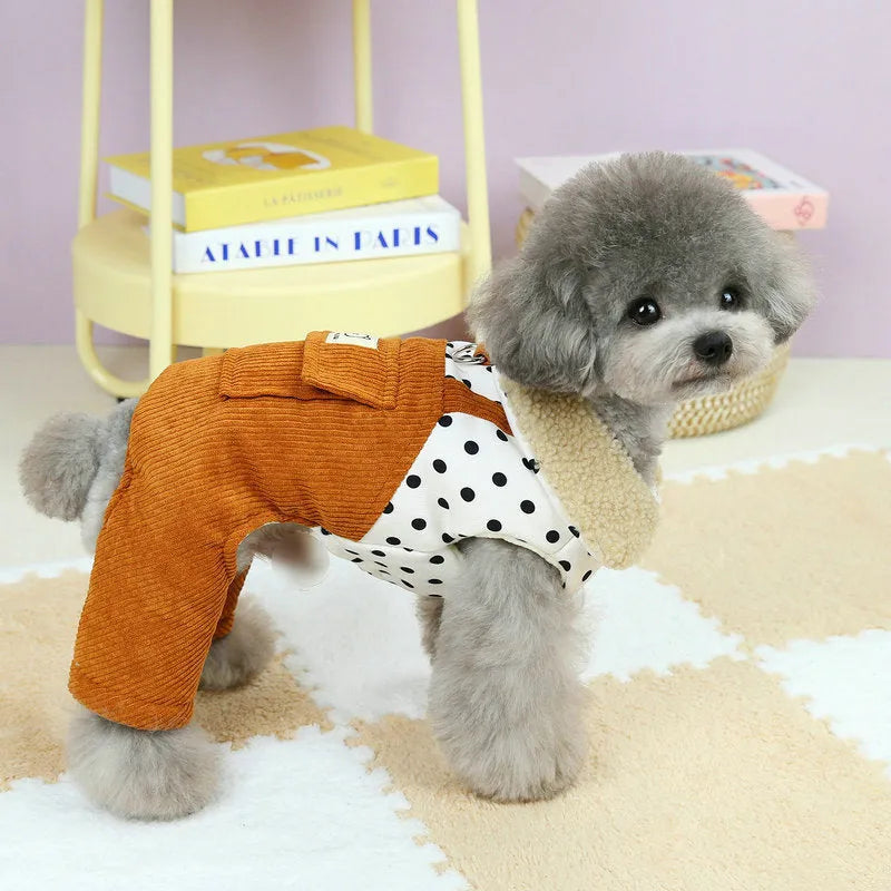Brown four-legged polyester cotton-padded pet coat for dogs, autumn winter outdoor wear, side view