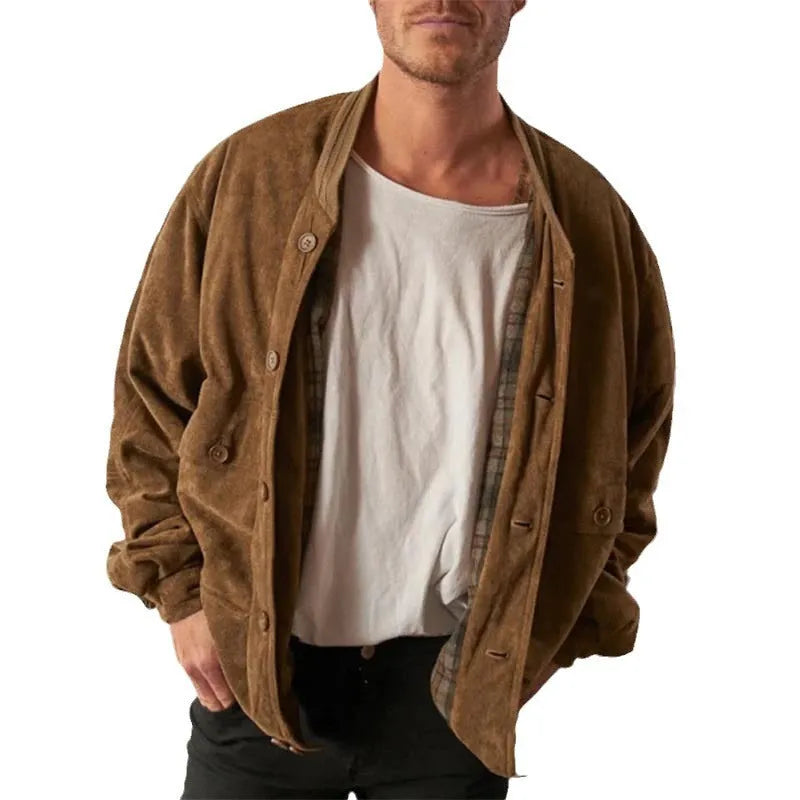 Men's corduroy jacket dark brown solid colour casual coat with polyester lining front view