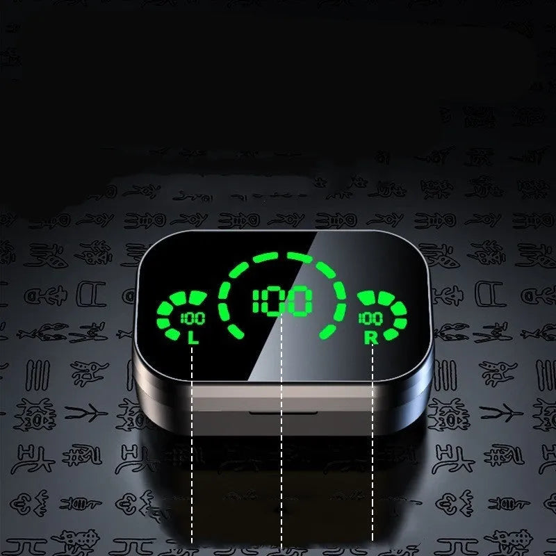 Black wireless earbuds with large screen digital display charging case and breathing light