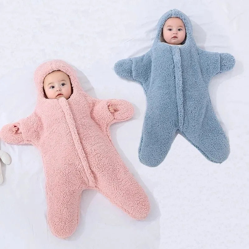 Cashmere and cotton baby sleeping bag with hood, zipper, and cuffs for 0–6 month winter use