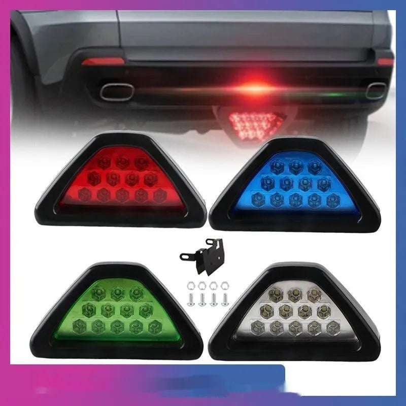 Universal triangular LED brake warning light for car and motorcycle in red, blue, green, white options.
