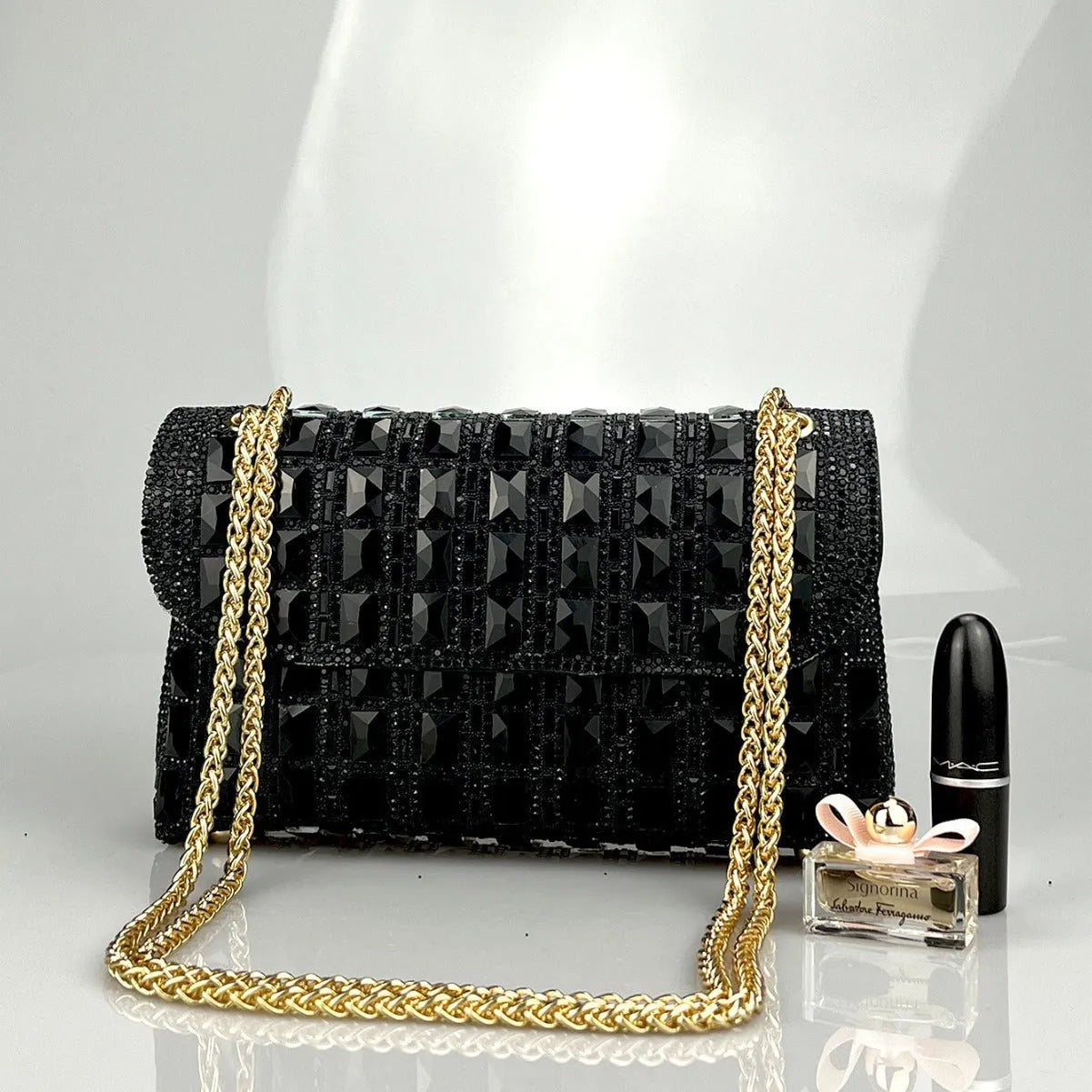Retro style shiny glass rhinestone chain clutch bag with diamond embellishments in horizontal square shape