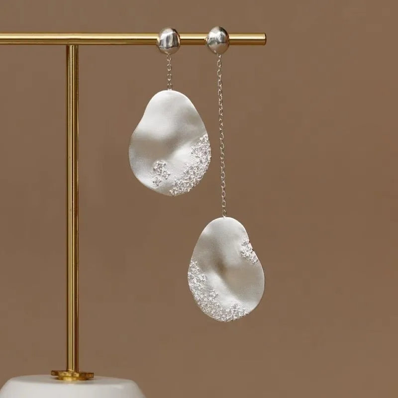 Asymmetric gold-plated floral earrings with zircon stone mosaic accents in Chinese style design