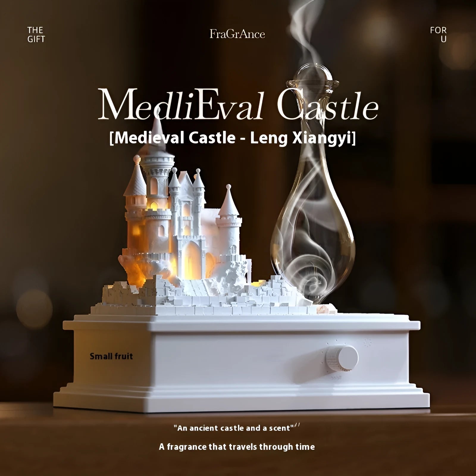White medieval castle-shaped waterless aromatherapy machine with ambient light on a surface.