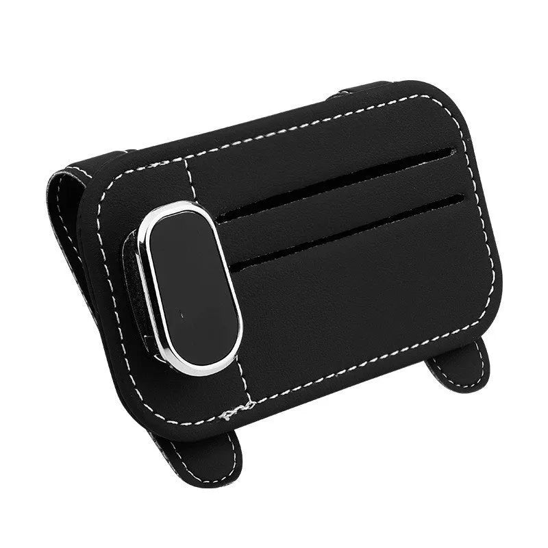 Cowhide car sun visor organiser with glasses clip and card pocket in beige colour