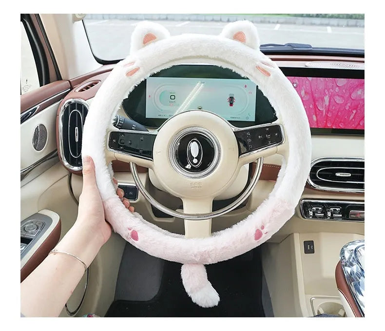 Plush cartoon animal steering wheel cover in rabbit fur fleece for winter, shown on a 38cm car steering wheel.
