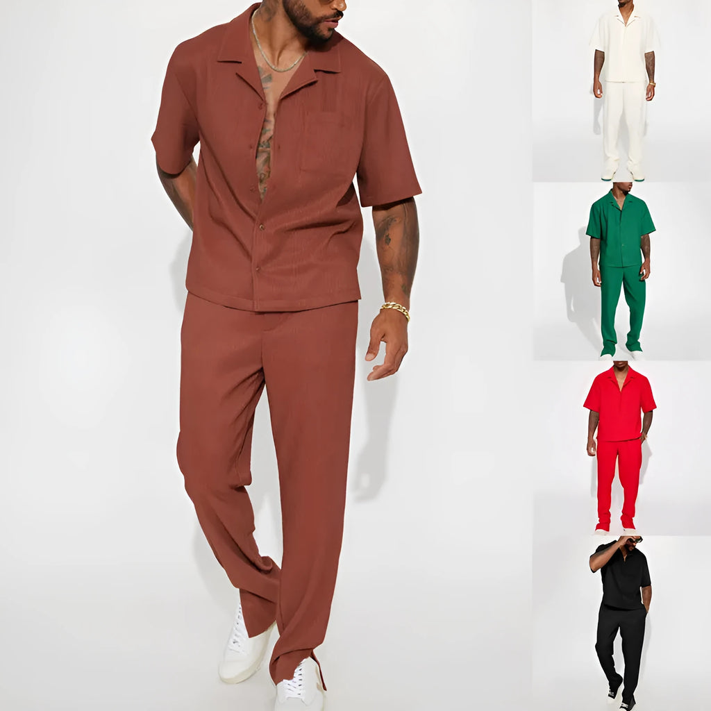 Men's loose lapel short-sleeved suit with trousers in black, brown, red, white polyester fabric