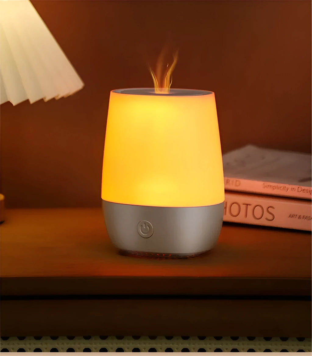 White flame effect aromatherapy diffuser humidifier with USB-C port on desk