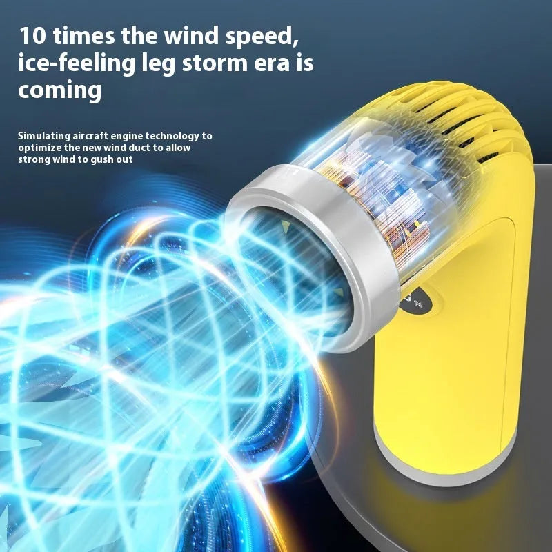 A compact apricot-coloured bladeless personal desk fan with a turbine design.