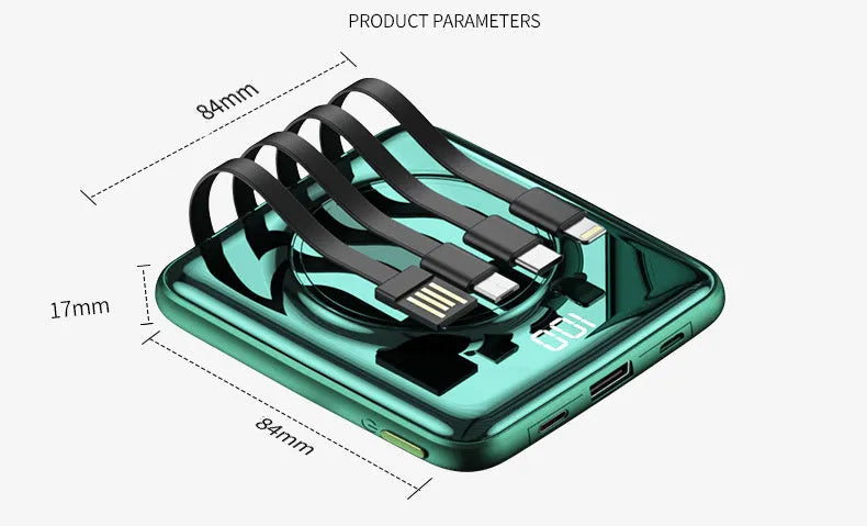 Compact square 20000mAh power bank with LCD screen, shown in red, green, and black colour options.