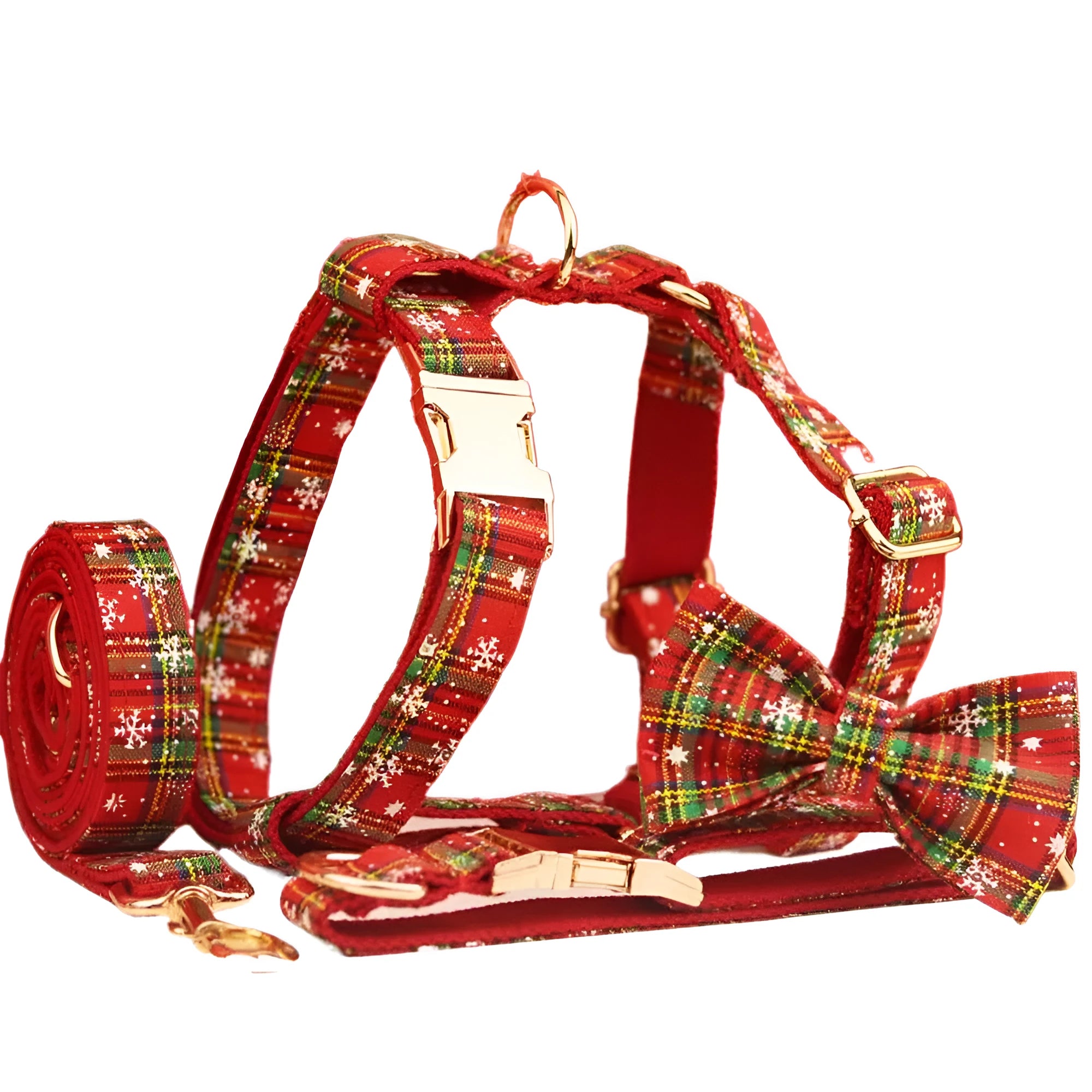 Red Christmas dog collar and leash set with snowflake design, plaid rope, floral bows, and matching vest