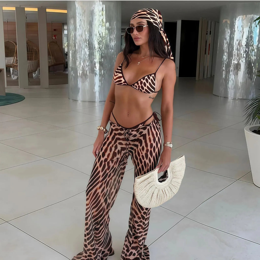 Leopard print bikini set for women with exposed navel and no-back trousers style swimwear