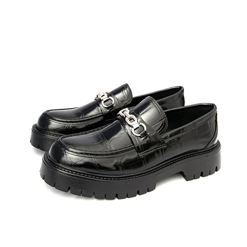 Men's crocodile pattern leather loafers with platform sole in black colour