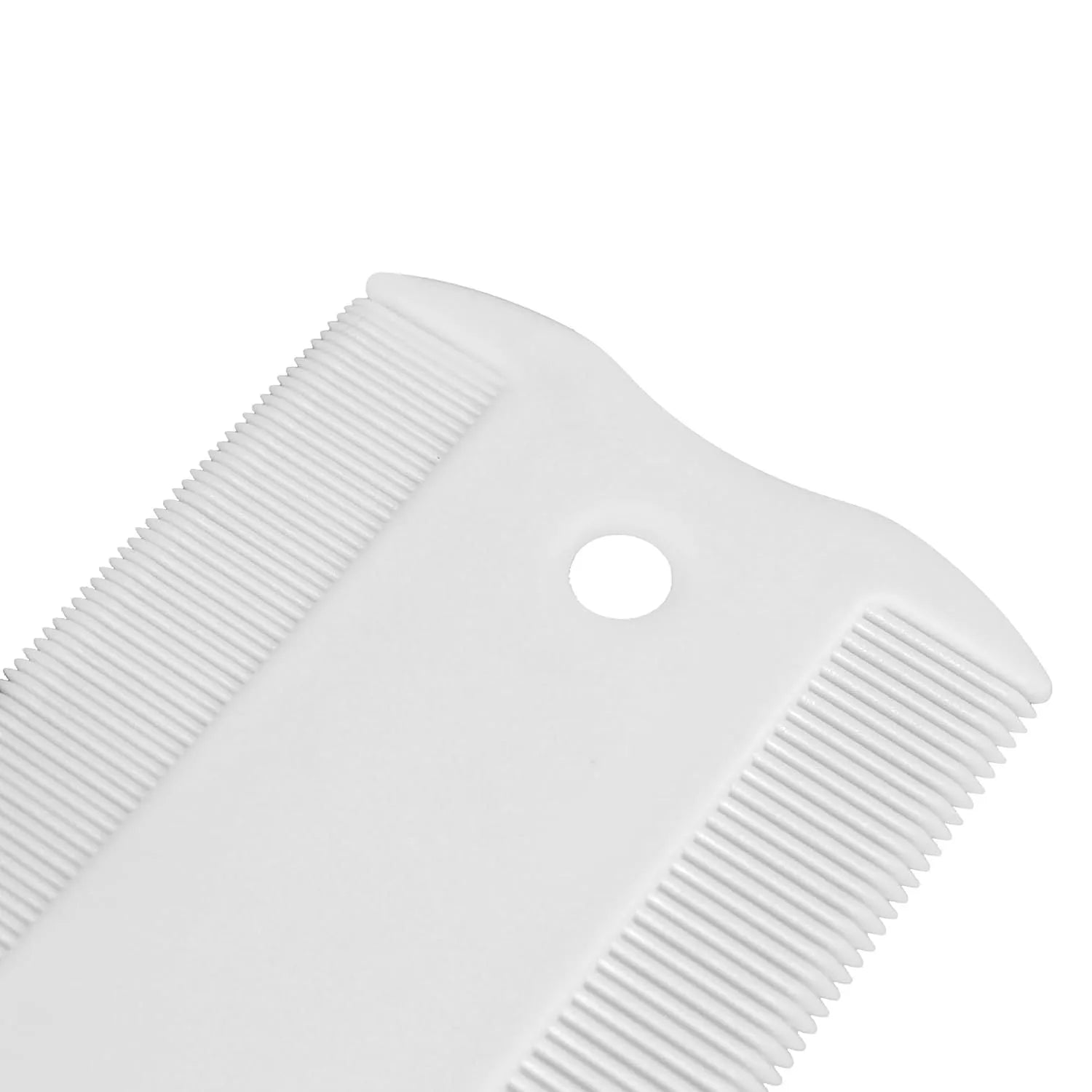 Double-sided plastic flea comb for pets showing fine teeth and grate mouth designs on a white background.