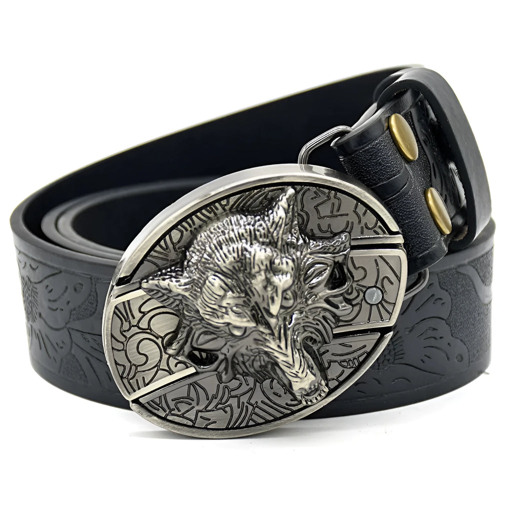 Men's casual all-match smooth buckle belt with black wolf head alloy buckle on imitation leather strap