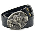 Men's casual all-match smooth buckle belt with black wolf head alloy buckle on imitation leather strap