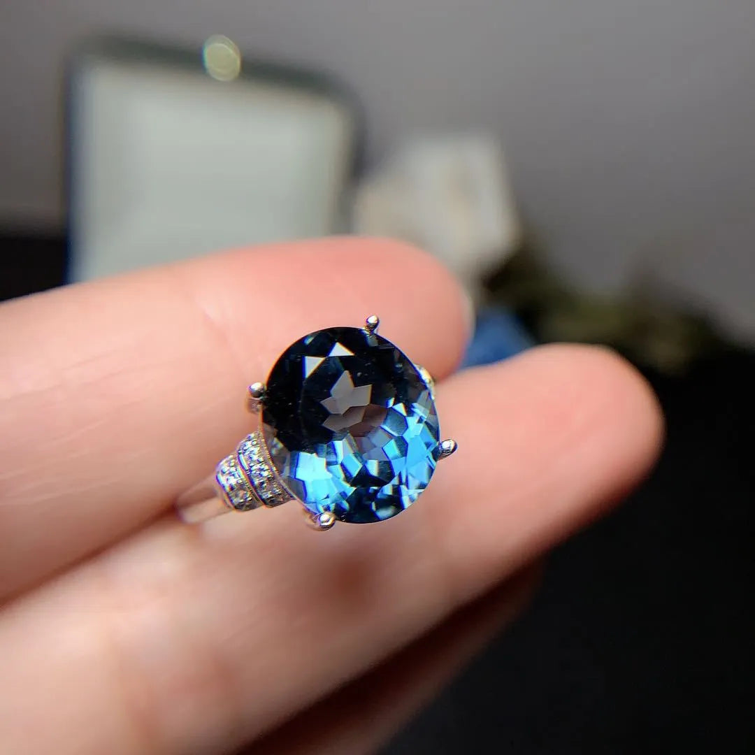London blue topaz ring, 925 silver inlaid, 10/12mm crown-shaped dark blue stone, adjustable opening, plated finish