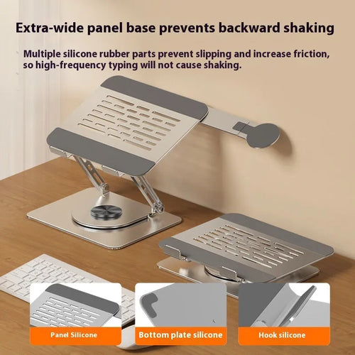 Silver carbon steel laptop stand with rotatable magnetic phone holder for 17-inch laptops