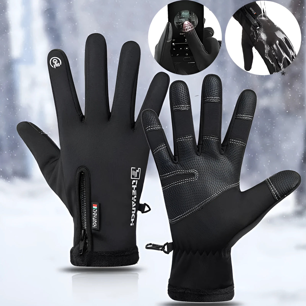 Winter cycling gloves with touchscreen fingertips and non-slip palm in black and grey, unisex sizes M to XXL