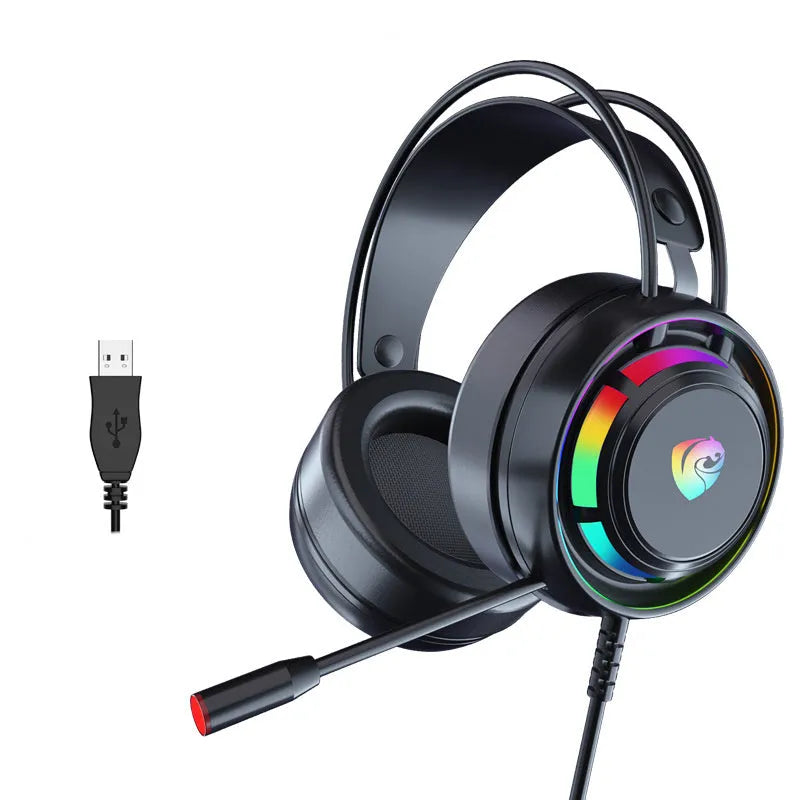 Black wired over-ear computer headphones with a microphone and long cable.