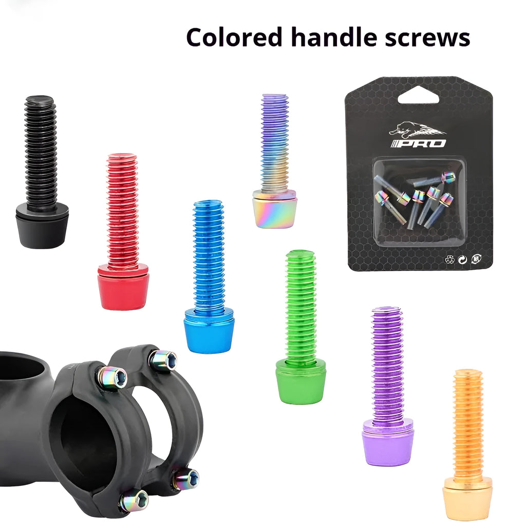 Set of six stainless steel mountain bike handlebar riser fixing screws displayed on a card, showing colour options.