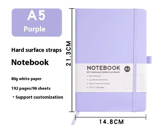 A5 soft touch PU leather strap diary open showing lined pages, closed with elastic band, in a choice of colours.