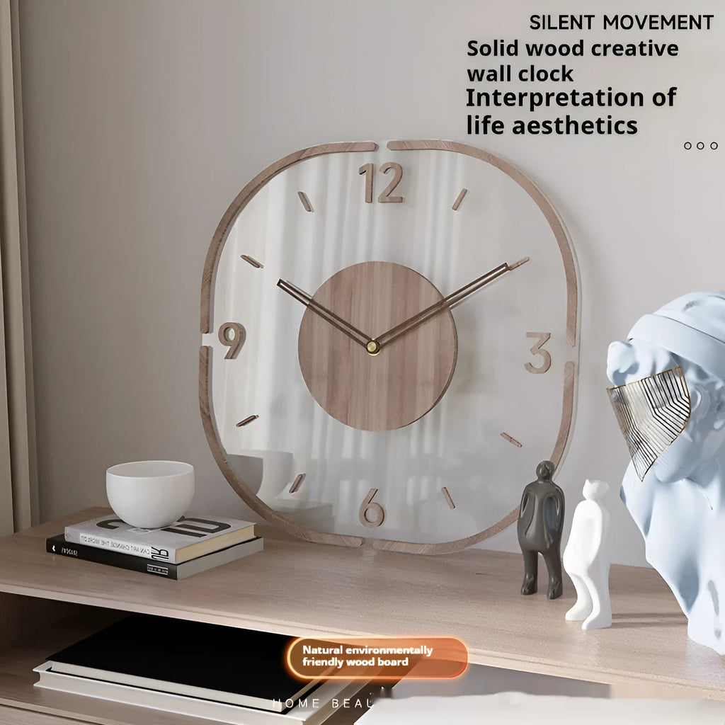 35cm transparent wooden frame wall clock with modern design on wall