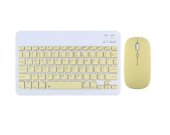 Bluetooth keyboard and rechargeable mouse set for tablet in elegant white on a desk