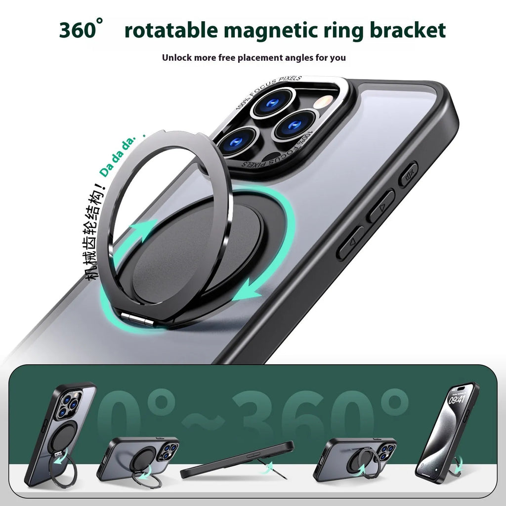 Gear rotating 360 bracket phone case for iPhone 13 in black with frosted back and bracket extended