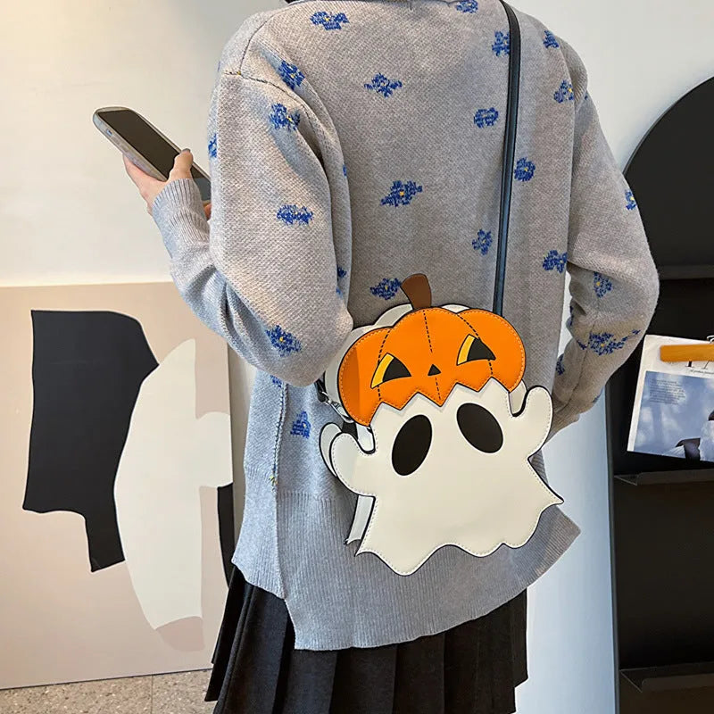 Halloween White PU crossbody shoulder bag with 3D cartoon pumpkin and ghost design for women
