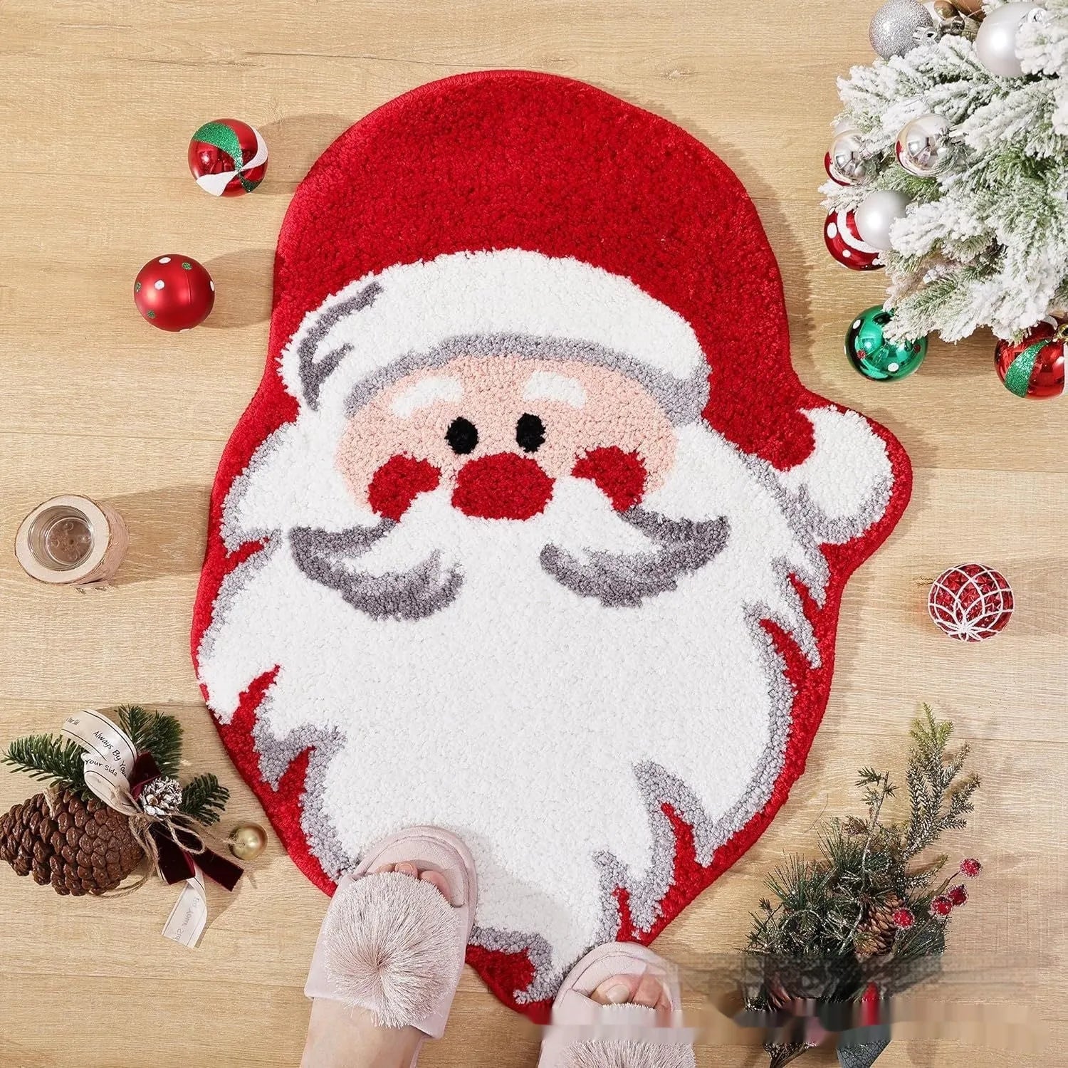 Square Christmas-themed hallway mat with festive pattern on polyester fabric, showing non-slip dot backing.