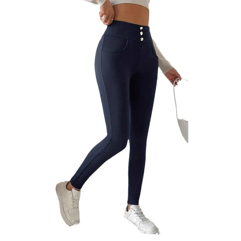 Navy blue women's casual trousers with high waist and straight leg cut on hanger