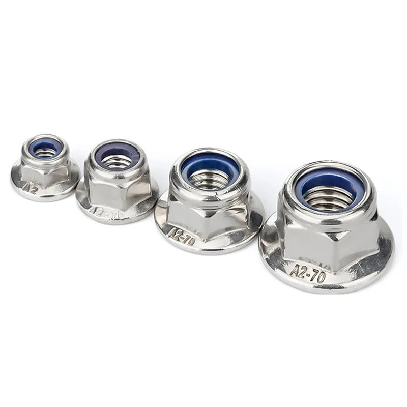 Stainless steel flange nylon lock nut with hexagonal head on white background