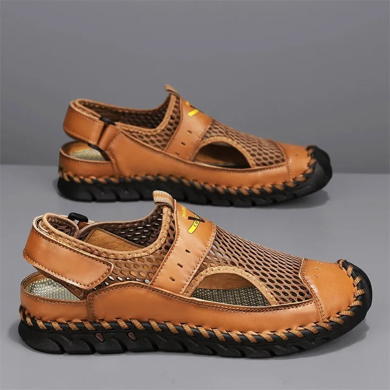 Men's brown leather mesh breathable pumps with elastic band and round toe design