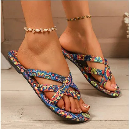 Women's flat printed slippers with ethnic-style design in multiple colours