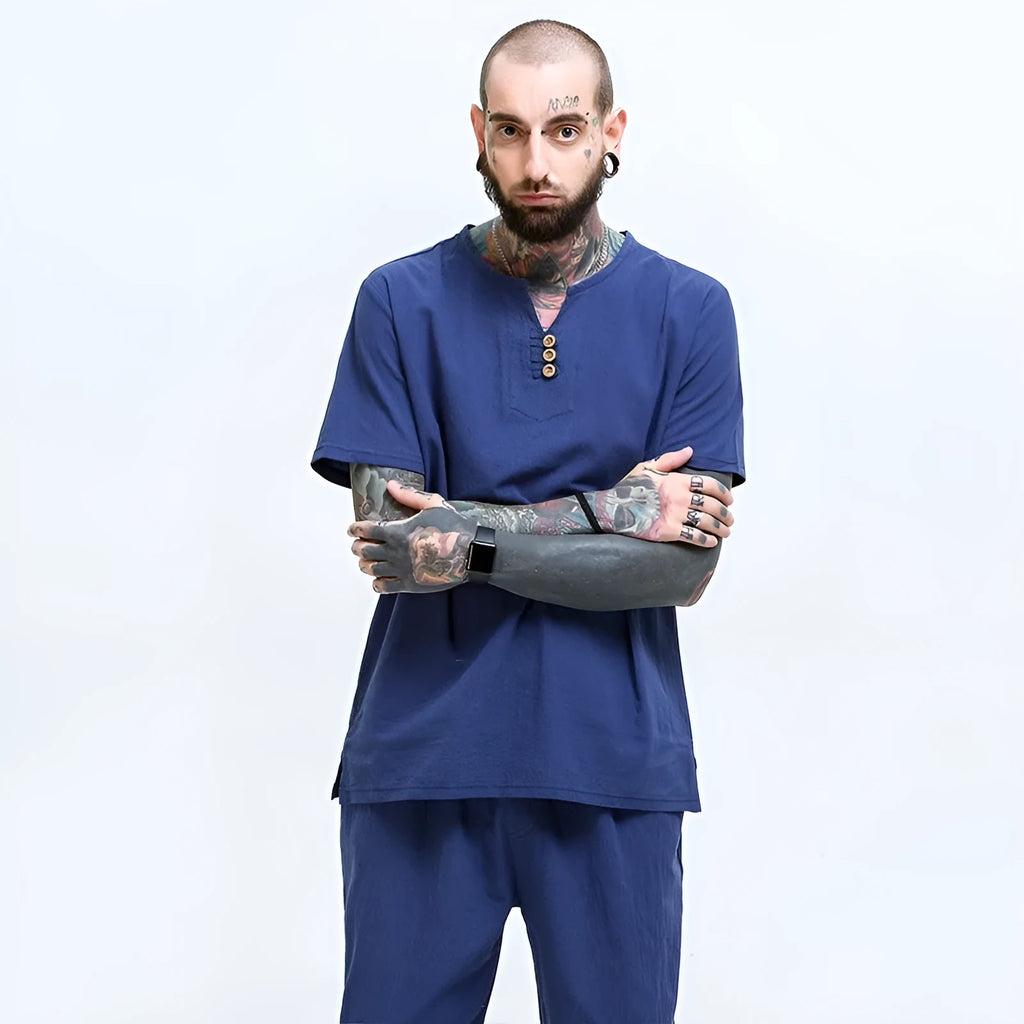 Men's loose cotton linen blend T-shirt in grey shown on model